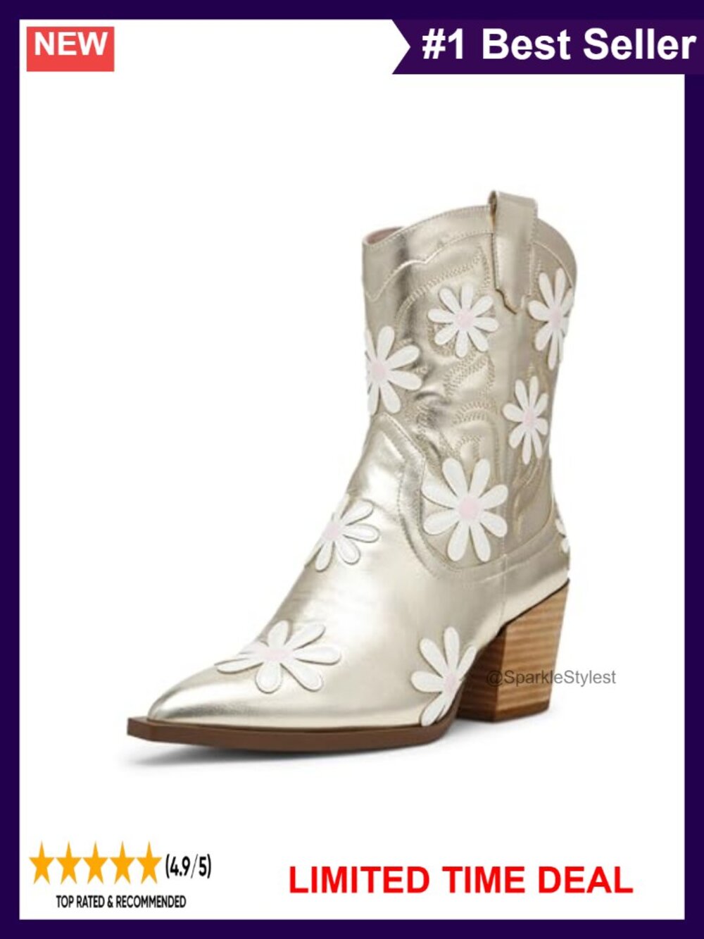 Pointed Toe Ankle Bootie with Wood-Like Heel, Western Heel, Synthetic